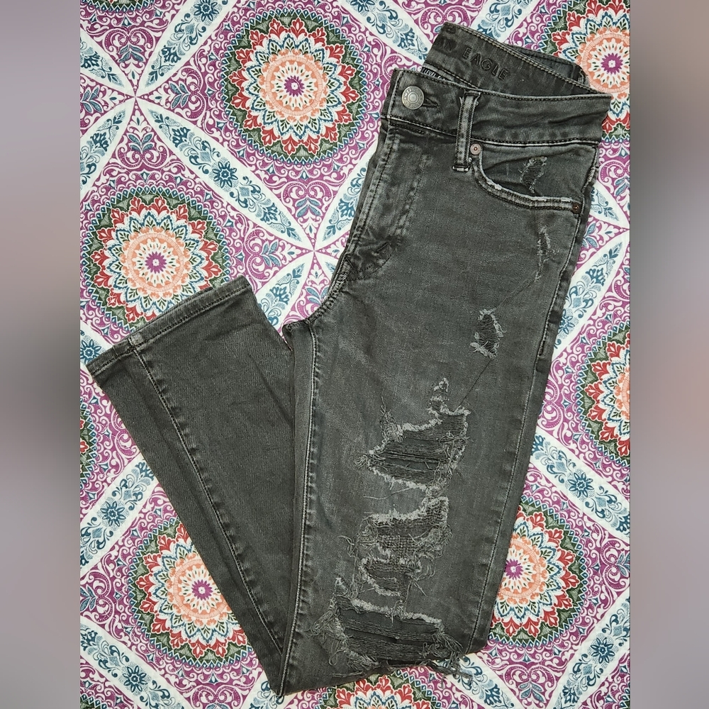 American Eagle Men's - Faded Black Ripped/Patched Skinny Jean- 26…